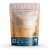 Back packaging of Awaken Instant Chaga Mushroom Coffee showing the nutrition facts panel, brewing instructions, and ingredient breakdown featuring 850mg of wild-harvested Chaga extract, 250mg L-Theanine, and 100mg caffeine per serving.