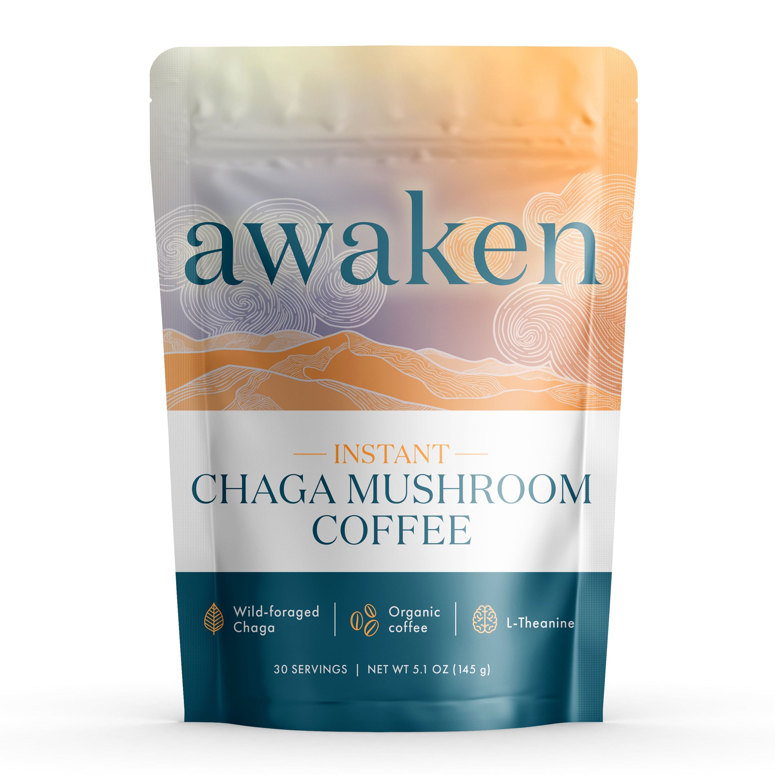 Front packaging of Awaken Instant Chaga Mushroom Coffee by Life Itself. The bag features a sunset mountain design and highlights key ingredients: wild-foraged Chaga, organic coffee, and L-Theanine.