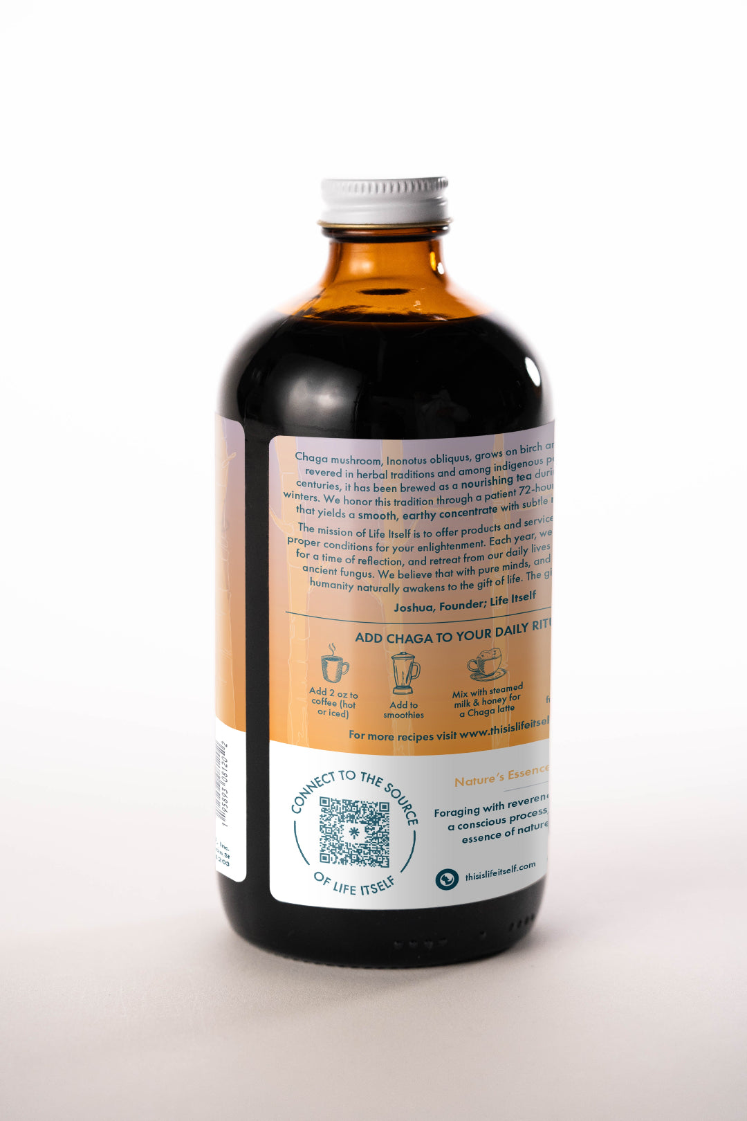 The side label of a Life Itself Wild Harvested Chaga Concentrate bottle on a white background, highlighting the brand mission, a note from the founder, and daily ritual usage instructions for adding the extract to coffee, smoothies, and steamed milk.