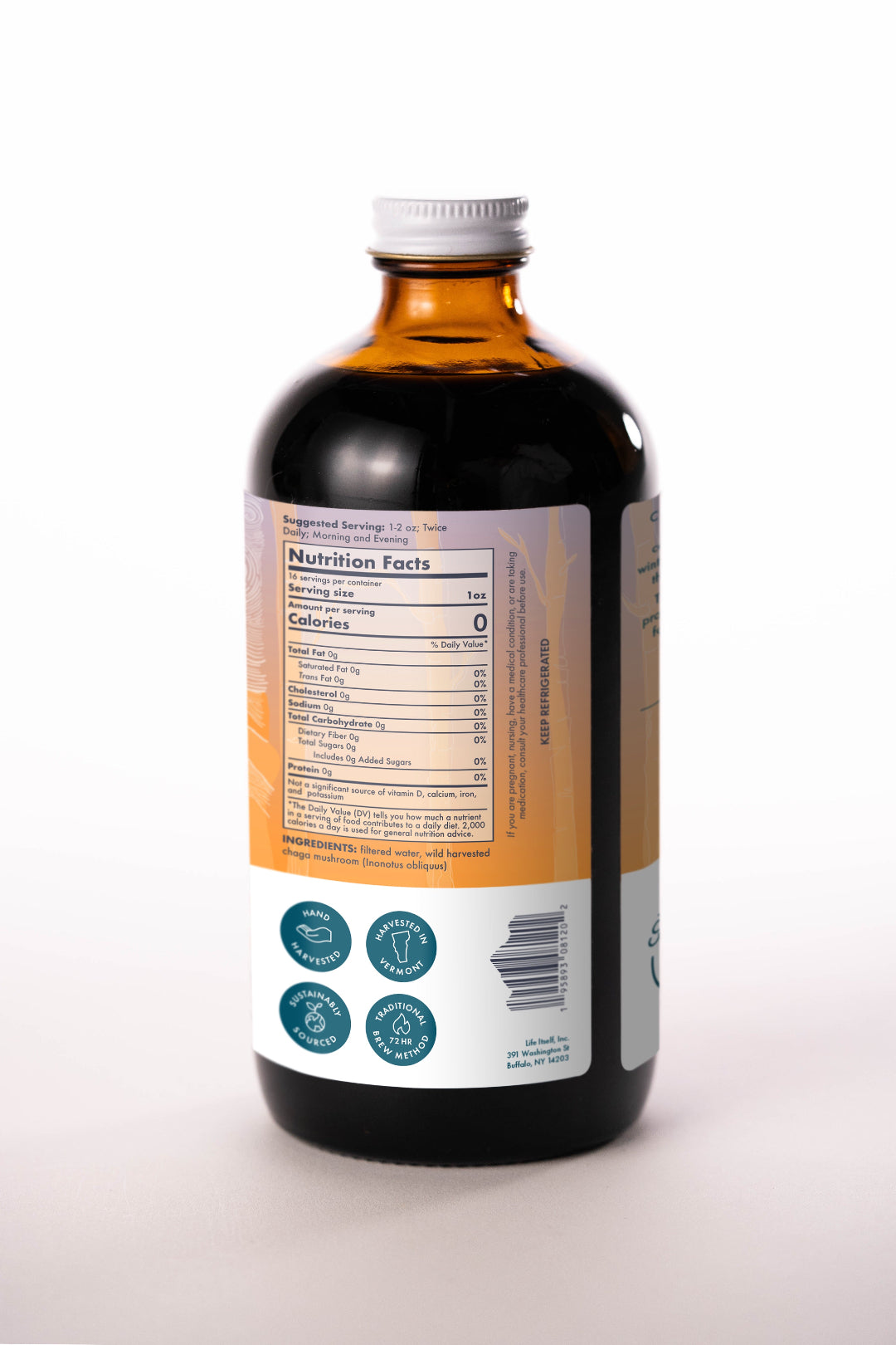 The back label of a Life Itself Wild Harvested Chaga Concentrate bottle on a white background, displaying the nutrition facts panel, ingredients list, and sustainability icons.