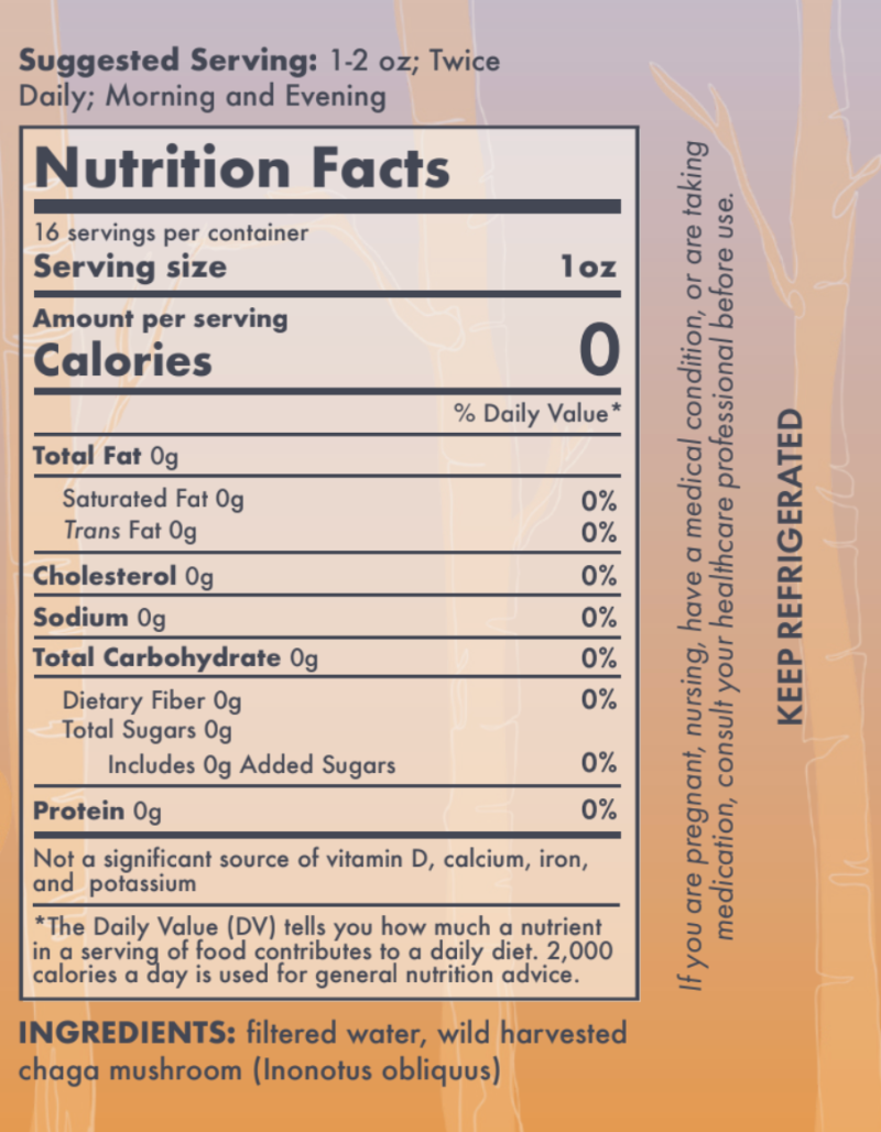 A close-up of the nutrition facts panel for Life Itself Wild Harvested Chaga Concentrate, showing zero calories per 1-ounce serving. The ingredients list includes filtered water and wild harvested chaga mushroom (Inonotus obliquus).