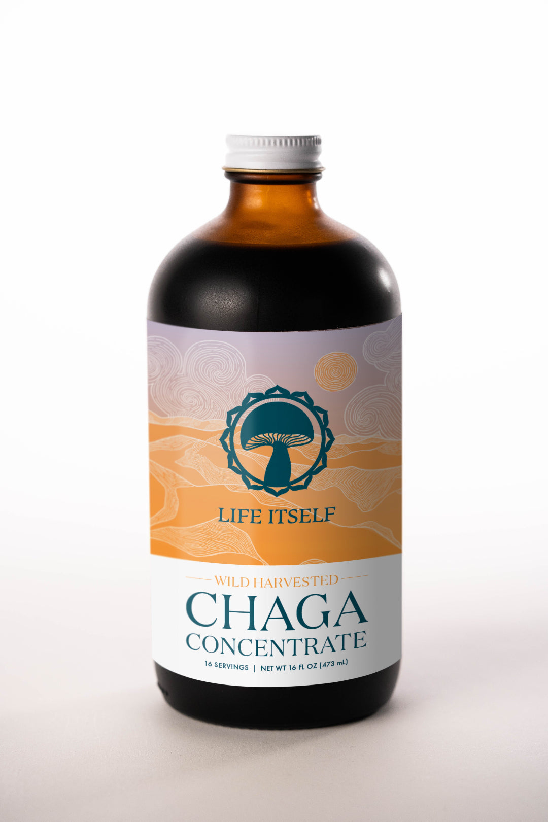 A 16-ounce glass bottle of Life Itself Wild Harvested Chaga Concentrate on a clean white background, featuring a blue mushroom icon on the label.